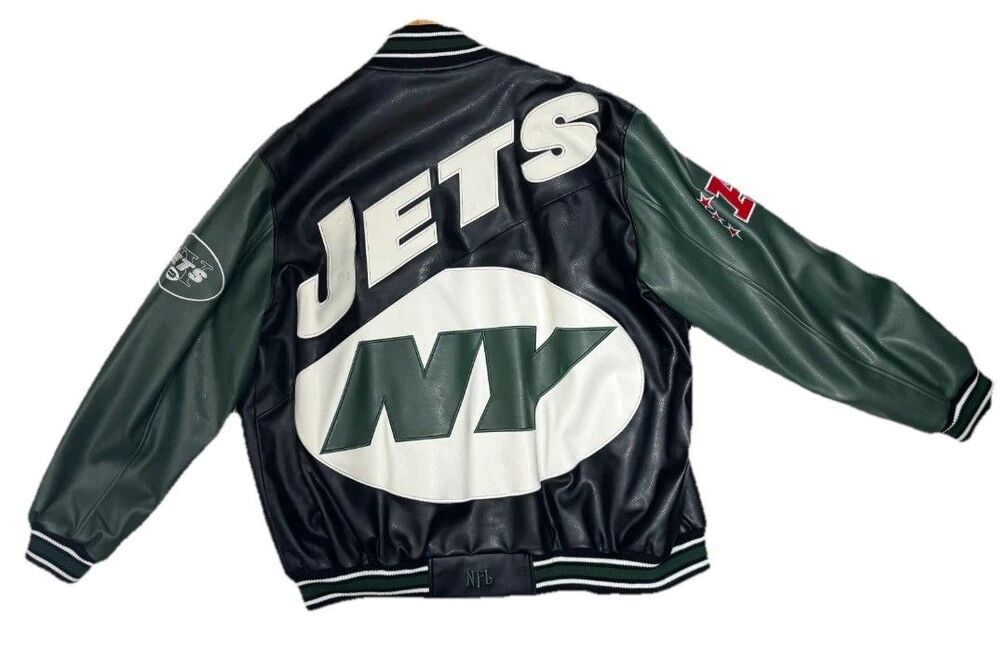 New York Jets NFL Faux Leather Varsity Letterman Jacket 2XL Green Black - Picture 3 of 4